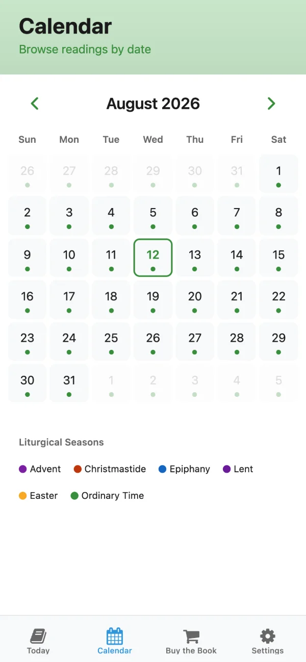 The app’s Calendar screen showing a month grid with liturgical season indicators