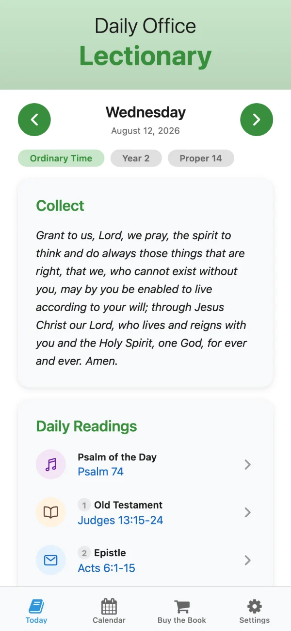 The app’s Today screen showing the date, liturgical season, the week’s Collect and the day’s readings
